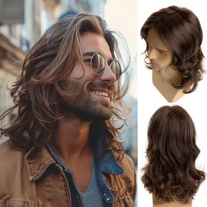Long Brown Wigs for Men Synthetic Layered Wavy Cosplay Party Wig