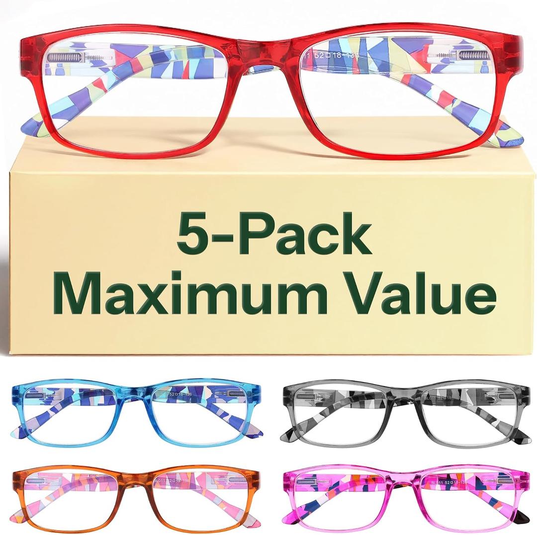 Gaoye 5-Pack Reading Glasses Blue Light Blocking, Spring Hinge Readers for Women Men Anti Glare Filter Lightweight Eyeglasses (5-Pack Mix Color 3,2.25)