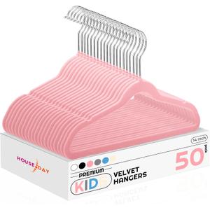 HOUSE DAY 14 Inch Kids Velvet Hangers 50 Pack, Durable Big Kids Hangers, Non Slip Kid Felt Hanger for Youth, Cute Childrens Hanger for Closet, Pink
