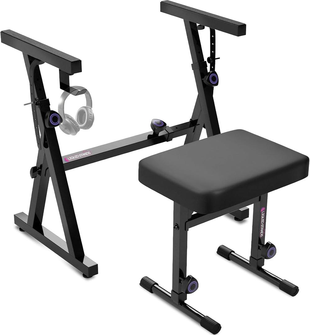 Liquid Stands Portable Heavy Duty Digital Piano Stand & Bench Set - Adjustable Keyboard Music Stand & Seat for 54-88 Key Electric Pianos (Black)