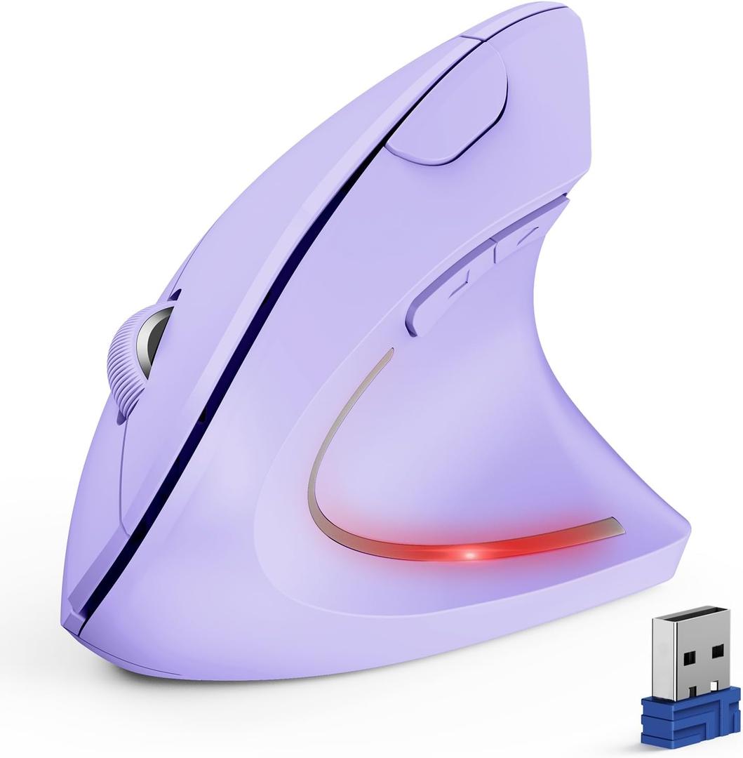 TECKNET Ergonomic Mouse, Wireless Bluetooth Vertical Mouse, 4800 DPI Optical Tracking, 6 Adjustable DPI, Quiet Clicks, 2.4GHz with USB A Receiver, 12 Months Battery, 6 Buttons, Wide Compatibility (Purple)