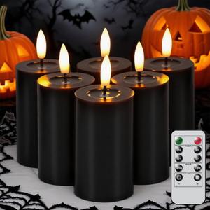 Halloween Decorations Mirror Surface Candles with Remote Timer, Battery Operated 6pcs Real Wax LED Votive Candle Realistic Flickering for Halloween Decor Lantern 2" H 4.5 Black