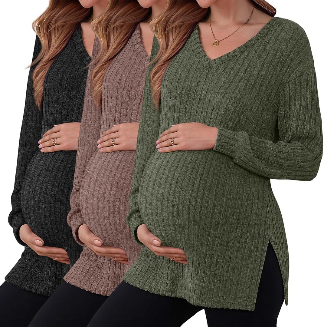 3 Pack Women's Ribbed Maternity Shirts, Long Sleeve V Neck Pregnancy Sweaters with Side Split Pregnant Clothes (Large, Black, Camel, Army Green)
