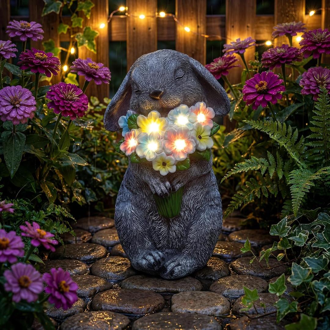 PETAFLOP Solar Garden Statues Outdoor Decor, Rabbit Figurines with Flowers for Patio Balcony Lawn Yard Decorations, Birthday Housewarming Gifts for Women Mom Grandma