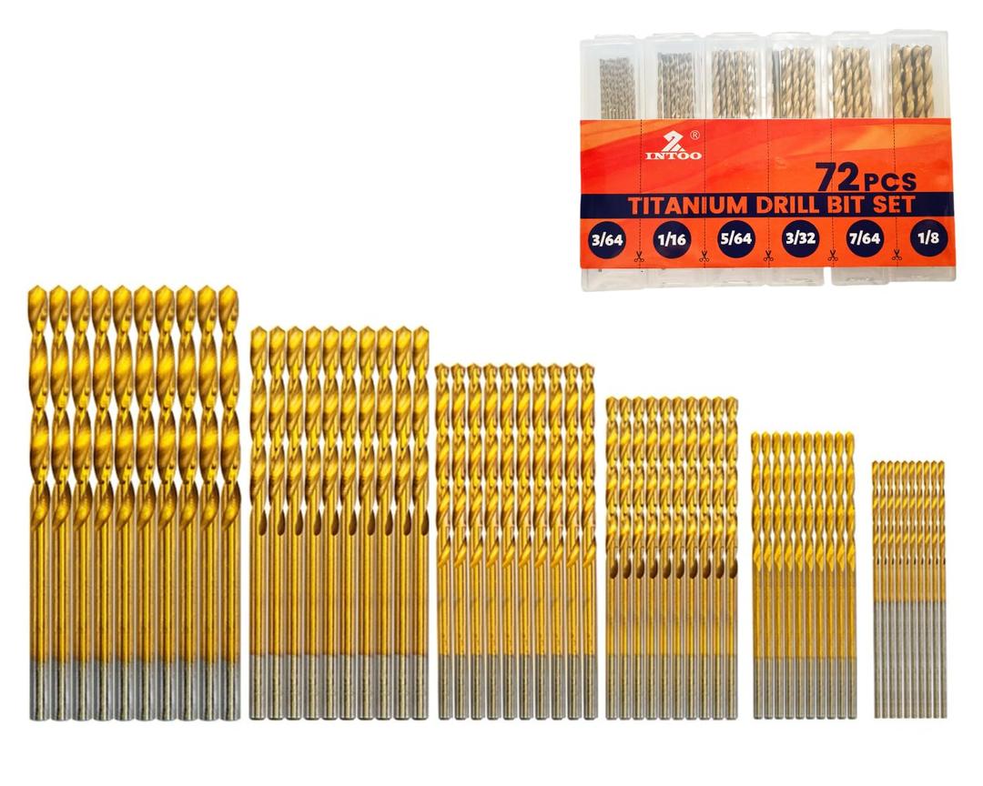INTOO Mini Drill Bit Set 60 Pcs+12 Pcs Free High Speed Steel HSS Titanium Micro Drill Bits 3/64"-1/8" Metal,Plastic,Wood, Small Drill Bit