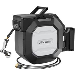 5/8" x 100 ft Heavy Duty Retractable Garden Hose Reel by HOZEREEL, Outdoor Garden Hose Reels - Self Retract Wall Mount Hose Reel Automatic Storage, Any Length Lock, 10 Pattern Nozzle  Black & White, 5/8" 100 FT