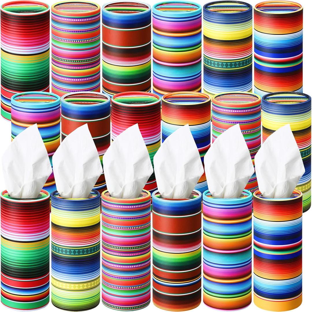 18 Pack Mexican Tissue Box Cover Bulk Colorful Stripes Car Tissue Holder Round Travel Tissues Boxes Taco Tuesday Decorations for Car Cup Holder Bathroom Living Room(Mexican)