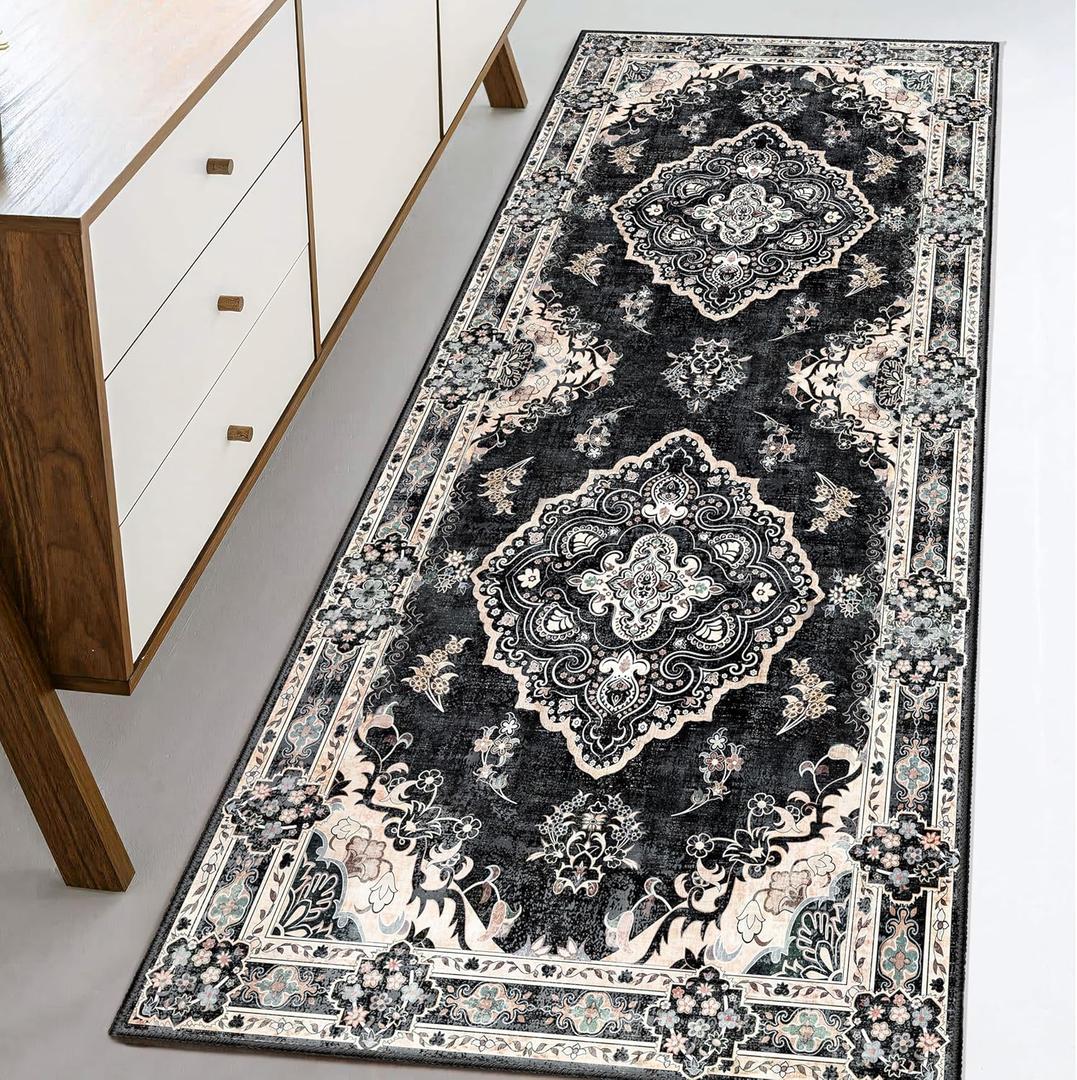 MUJOO Black Runner Rug 2'x6', Long Washable Rug Runners for Hallways Entryway Kitchen Bathroom Bedside,Boho Vintage Bohemian Distressed Farmhouse Non Slip Carpet,Floral