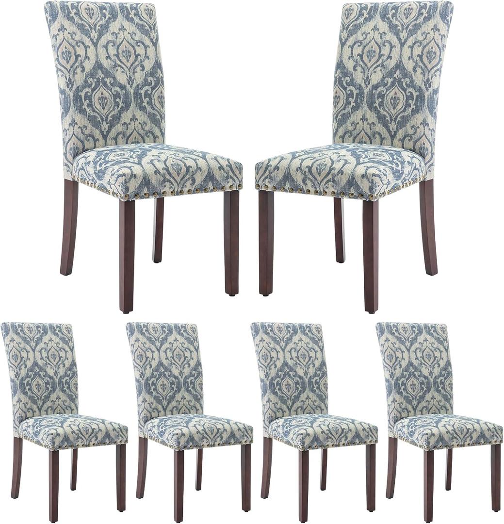 COLAMY Upholstered Parsons Dining Chairs Set of 2 , Fabric Dining Room Kitchen Side Chair with Nailhead Trim and Wood Legs - Blue/White Flower