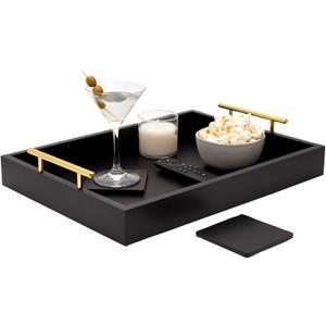 Juvale Wooden Serving Tray - 15.7 x 11.8 x 3.1 in, Black Rustic, Includes 2 Coasters - Decorative Tray with Interchangeable Gold & Silver Handles - Sofa & Ottoman Use, Coffee Table Decor