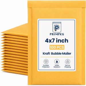 Natural Kraft Bubble Mailers 4x7in Exterior, 3.2x7in Interior, 100 Pack Padded Envelopes, Self-Seal Tear Resistant Poly Lined Mailing Shipping Bags for Small Business Boutique Packaging