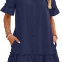 MEROKEETY Women's 2026 Summer Casual Shirt Dress Button Down Ruffle Sleeve Shift Mini Dresses with Pockets (Medium, Navy)