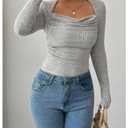 SHENHE Women's Long Sleeve Cowl Neck Shirts Draped Slim Fit Y2k Going Out Tops Blouses Light Grey Medium