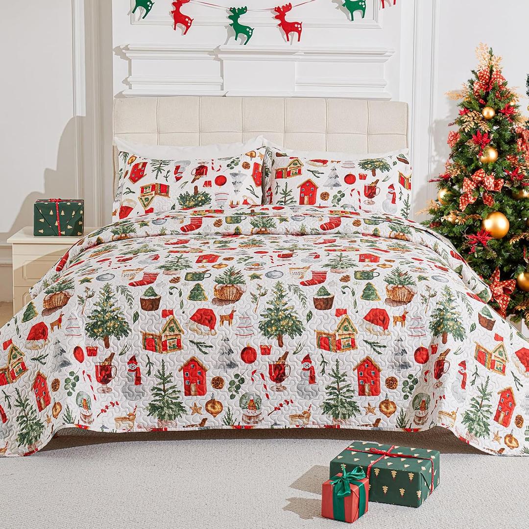 3-Piece Christmas Quilt Set Queen/Full Size Cozy Xmas Snowman Bedding Sets Soft Christmas Tree Bedspread, Holiday Santa Quilt Coverlets Set for Home Decoration with 2 Pillow Shams,Red Green