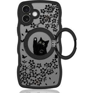 Wavy Case for iPhone 16 Case with Stand [Compatible with MagSafe] Cute Black Cat & Floral & Butterflies Pattern Design, Kawaii 360 Magnetic Ring Kickstand Phone Cover for Women Girls