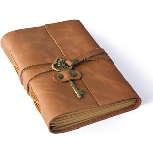 Leather Journal 5"x 7" Genuine Leather Notebook Journal with Key for Men/Women Giftable Box- 200 Line Pages Vintage Leather Bound Journal for Diary Travelling (Light Brown)