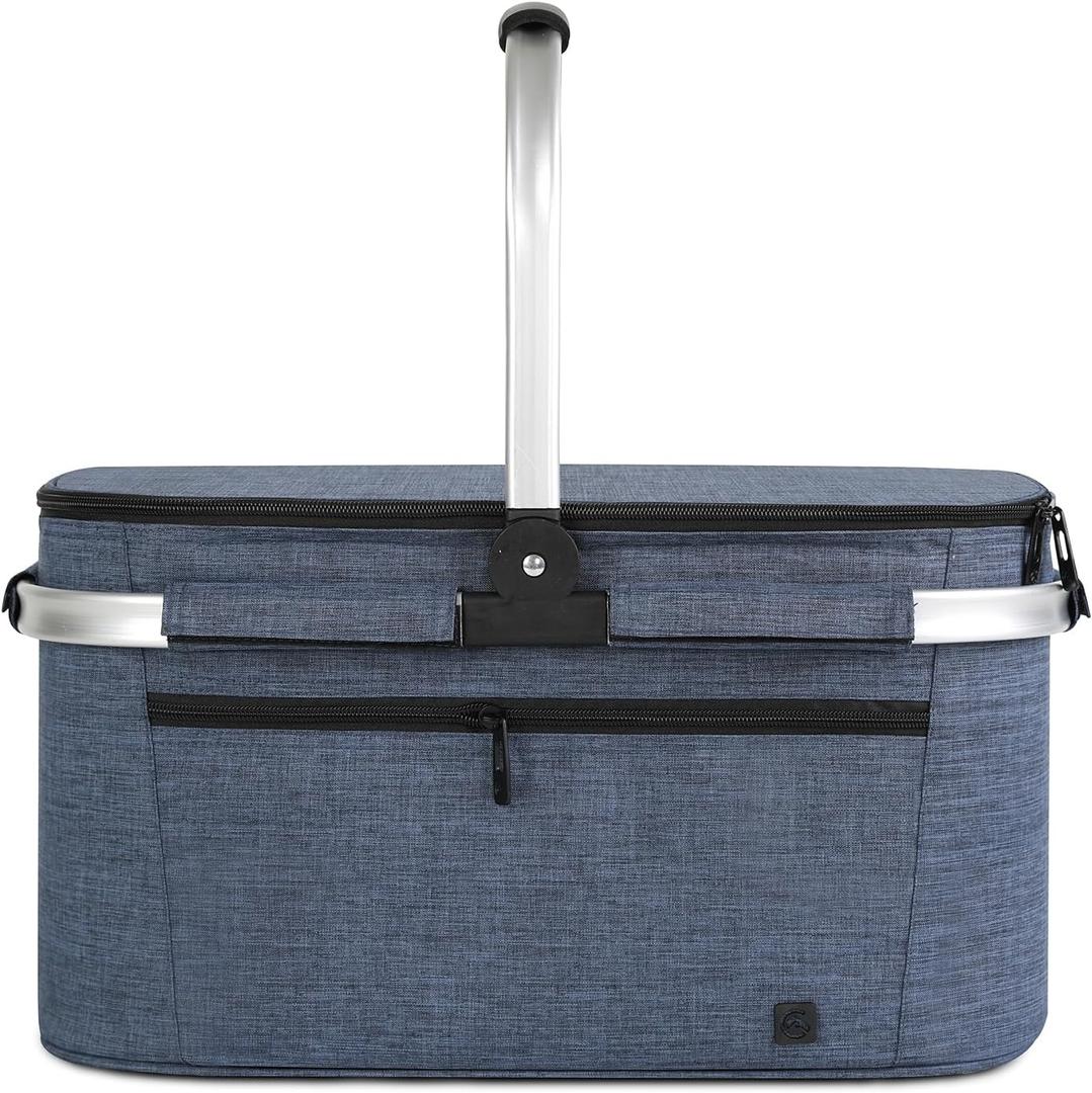 ALLCAMP Picnic Basket - 32L Insulated Cooler, Thickening Foldable Picnic Basket with Removable Baskets & Sewn-in Frame, Basket for House Warming Gifts New Home(Blue) (Large)