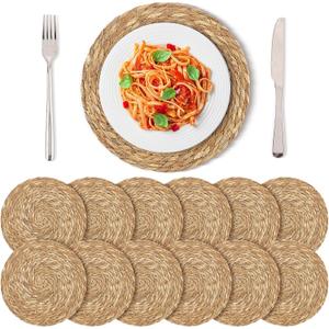 Kochorie Set of 12 Round Woven Placemats 12 Inches Bulrush Placemats Natural Hand-Woven Boho Rattan Placemats Wicker Table Mats Farmhouse Weave Place Mats for Home Dining Table