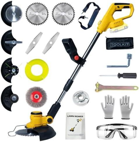 TWEFGFT Cordless Weed Wacker for Dewalt 20V Battery with 4 Types Blades, Brushless Motor, Lightweight Grass Trimmer/Brush Cutter for Lawn, Yard and Bush Trimming（No Battery), Yellow