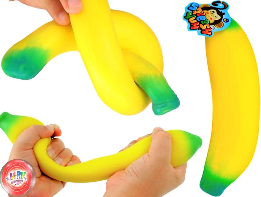 JA-RU Stretchy Banana Toys (1 Banana) Super Squishy Fidget Toy for Kids & Adult. Sand-Filled Rubber Banana Toy. Stress & Anxiety Relief Autism Sensory Toys. Stretchy Fruit Bulk Party Favor 3340-1-p