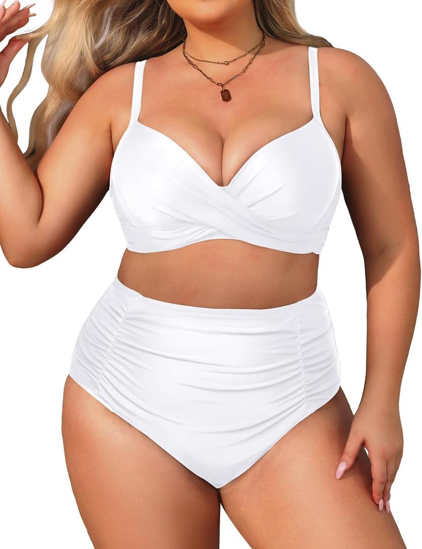 Aqua Eve Women Plus Size Underwire Bikini Two Piece Swimsuit High Waisted Tummy Control Bathing Suit (White) 12 W