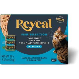 Reveal Natural Wet Canned Cat Food, 3-Flavor Variety Pack, Limited Ingredient, Grain-Free, High Protein with No Artificial Additives, Fish Variety in Broth (12 x 2.47 oz Cans)