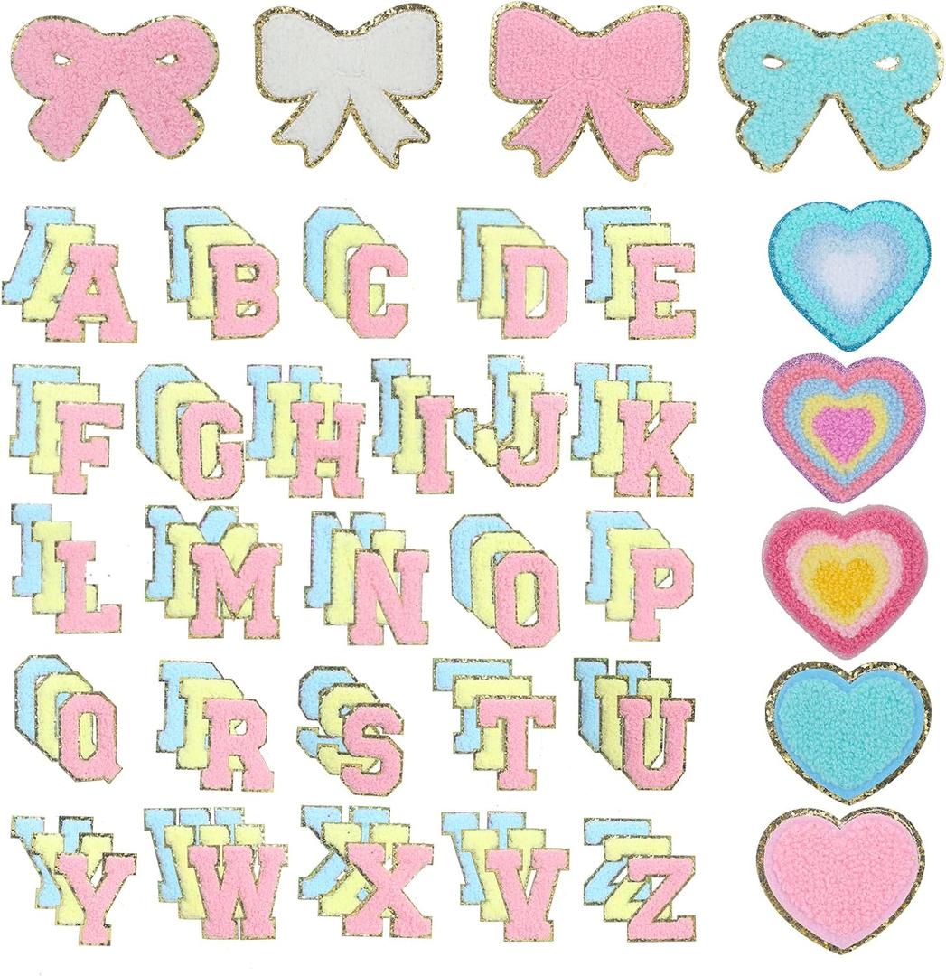 Kaloolon Chenille Patches for Clothing Letter Self Adhesive 87 Pcs Cute Colorful Love Heart Bow Patches for Jeans Embroidered Applique (Novel Style)