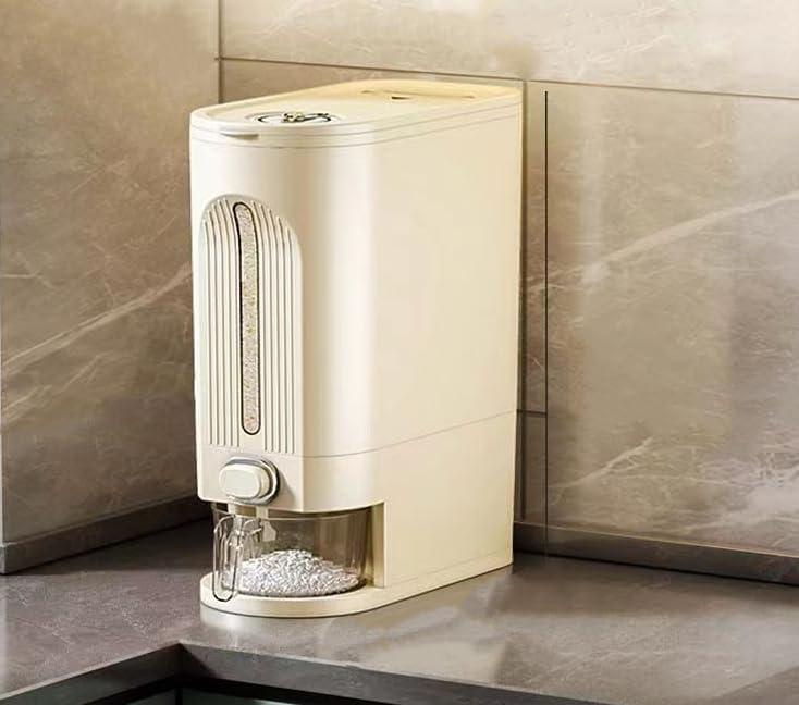 IEEK 25 Lbs Rice Dispenser, Large Cereal Dry Food Storage Containers with Measuring Cup and Lid,Moisture Proof Airtight Food Dispenser Bucket for Rice,Corn,Coffee Bean,Grain,Soybean and Oatmeal,White