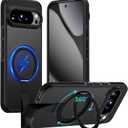 2 x TIANNIUKE for Google Pixel 10 Pro XL Case 360Rotatable Magnetic Ring Holder Stand with Silicone Strap, Fit for MagSafe Mil-Grade Shockproof Translucent Matte Phone Case - Black
