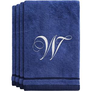 Creative Scents Navy Blue Monogrammed Towels with Initials - 4 Pack Super Absorbent Bathroom Fingertip Cotton Towel with Soft Velour Finish - Personalized Gifts for Freinds & Family 11"x18" Initial W