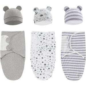 Baby Swaddle Sleep Sack with Hat Set for 0-3 months 3-Pack Soft Cotton Newborn Wearable Swaddle Wrap for Girls Boys (Grey & Star & Stripe)
