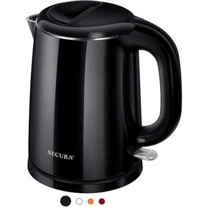Secura Stainless Steel Double Wall Electric Kettle Water Heater for Tea Coffee w/Auto Shut-Off and Boil-Dry Protection, 1.0L (Black) SWK-1001DB/HB-K012