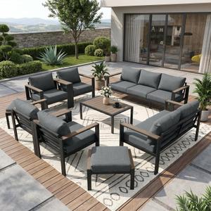 Patio Furniture Set 11 Seats and Coffee Table, 9 Pieces Patio Conversation Set with Thick Cushion, Ottomans, Deluxe Aluminum Modern Outside Sectional for Porch, Balcony, Deck, Yard, Light Gray
