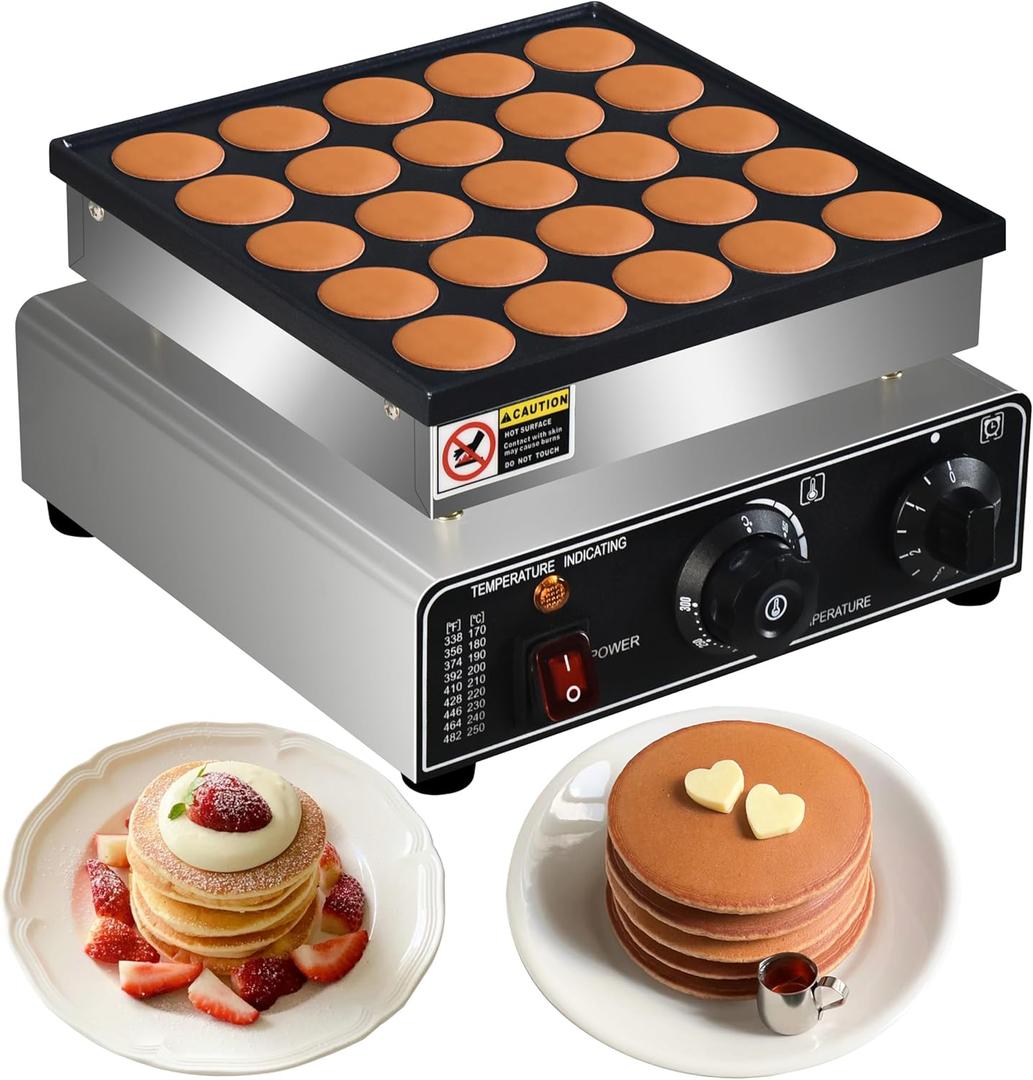 110V US Commercial 25PCS Mini Dutch Pancake Maker,950W Dutch Pancake Baker Machine,Non-stick Dorayaki Maker, Dutch Poffertjes Grill,Stainless Steel, Breakfast, Snacks, Desserts