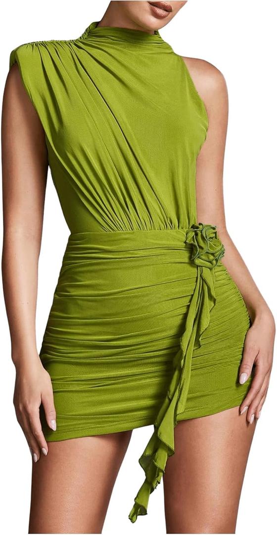 GORGLITTER Women's Flower Birthday Cocktail Mini Dress Asymmetrical Mock Neck Summer Going Out Prom Vacation Sundresses (Green, S)