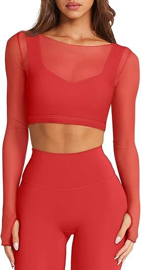 LASLULU Womens Long Sleeve Double Lined Tops Sexy Sheer Mesh Compression Shirts Tight Athletic Workout Shirts Yoga Dance Bra Tops(Red Large)