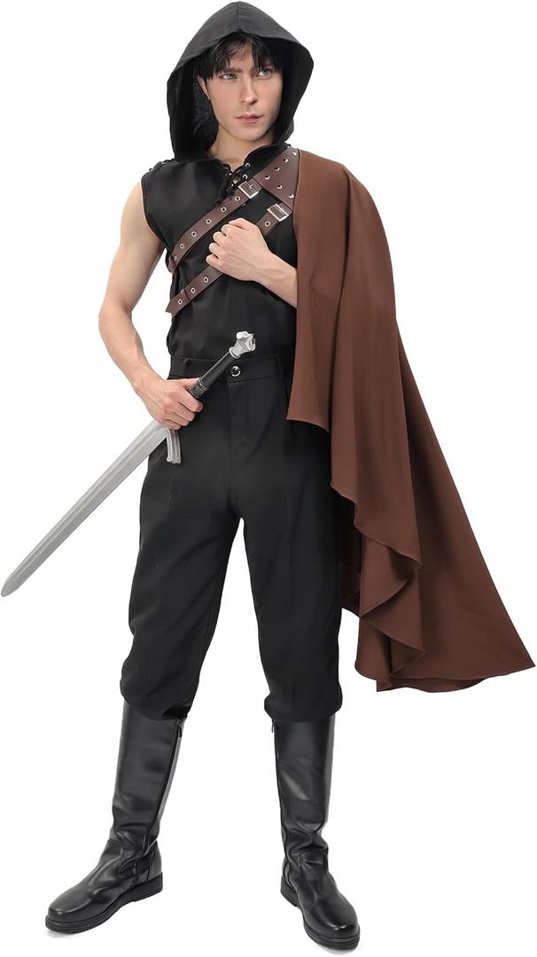 DAZCOS Renaissance Half Shoulder Cape Medieval Steampunk Shawl with Belt for Men Women LARP Costume for Halloween (Brown)