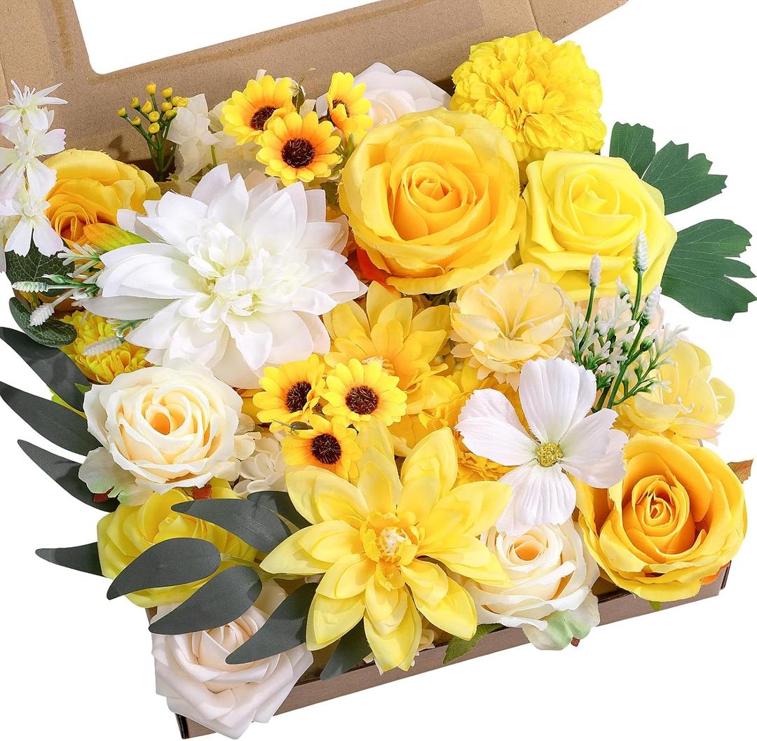 Artificial Flowers Combo Yellow Silk Flowers Mix Fake Rose Dahlia with Stems for Wedding Bridal Bouquets Baby Shower Cake Party Floral Arrangement Table Centerpieces Home Decor
