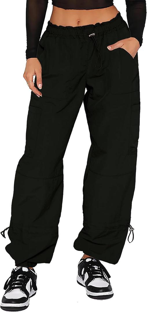 Waitfairy Cargo Pants Women Drawstring Elastic Waist Baggy Parachute Pants Woman Y2K Bottoms with Multiple Pockets (Medium, 01 Black)