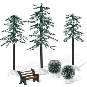 6 Pieces Christmas Village Accessories Trees for Christmas Village Display Houses Pine Greenery Tabletop Tree Snow Pine Xmas Display with Artificial Bush Park Bench for Xmas Decor