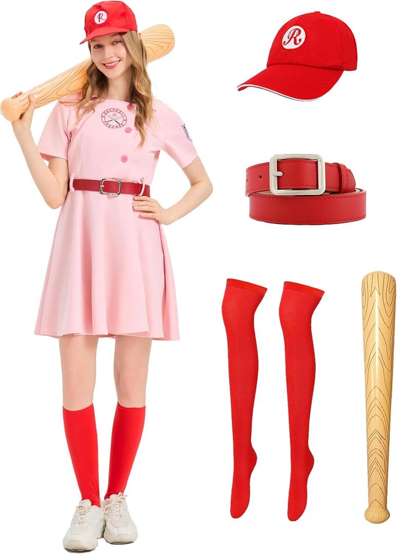 Women Baseball Costume PInk Baseball Dress Women League Costume Uniform Set with Hat Socks Inflatable Baseball Bat (Pink, XXL)