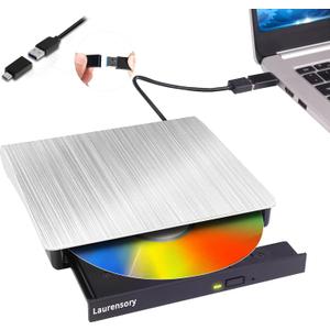External DVD Drive USB 3.0 Type-C USB Portable Player for Laptop CD DVD +/-RW Disk Drive CD ROM Burner Writer CD/DVD Burner Compatible with Desktop Windows Linux OS Apple MacBook, Silver