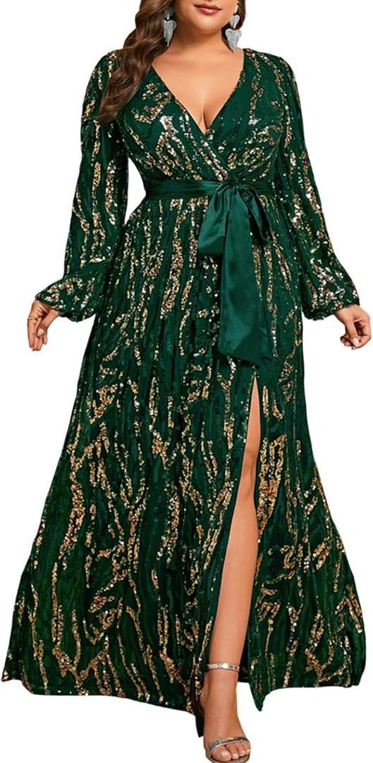 Women's Plus Sized Long-Sleeved Sequined Dress V-Neck Design high Slit Oversized Skirt Formal Ball Gown Party Evening Dress (Green, XXXL)