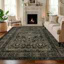 Boho Washable Rug for Living Room: Vintage 8x10 Area Rugs for Bedroom Soft Non Slip - Thin Stain Resistant Carpet for Dining Room Indoor - Dark Green