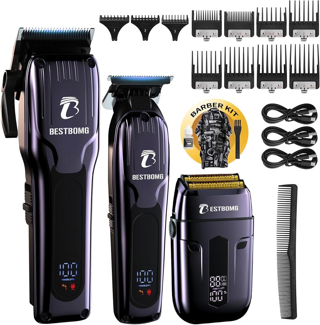 BESTBOMG Hair Clippers for Men, Professional Hair Clippers, Beard Trimmer& Rechargeable Shaver Set, Metal T-Blade, LED Display, Barber Hair Cutting Kit for Men Grooming & Gifts, BS-808C (Blue)