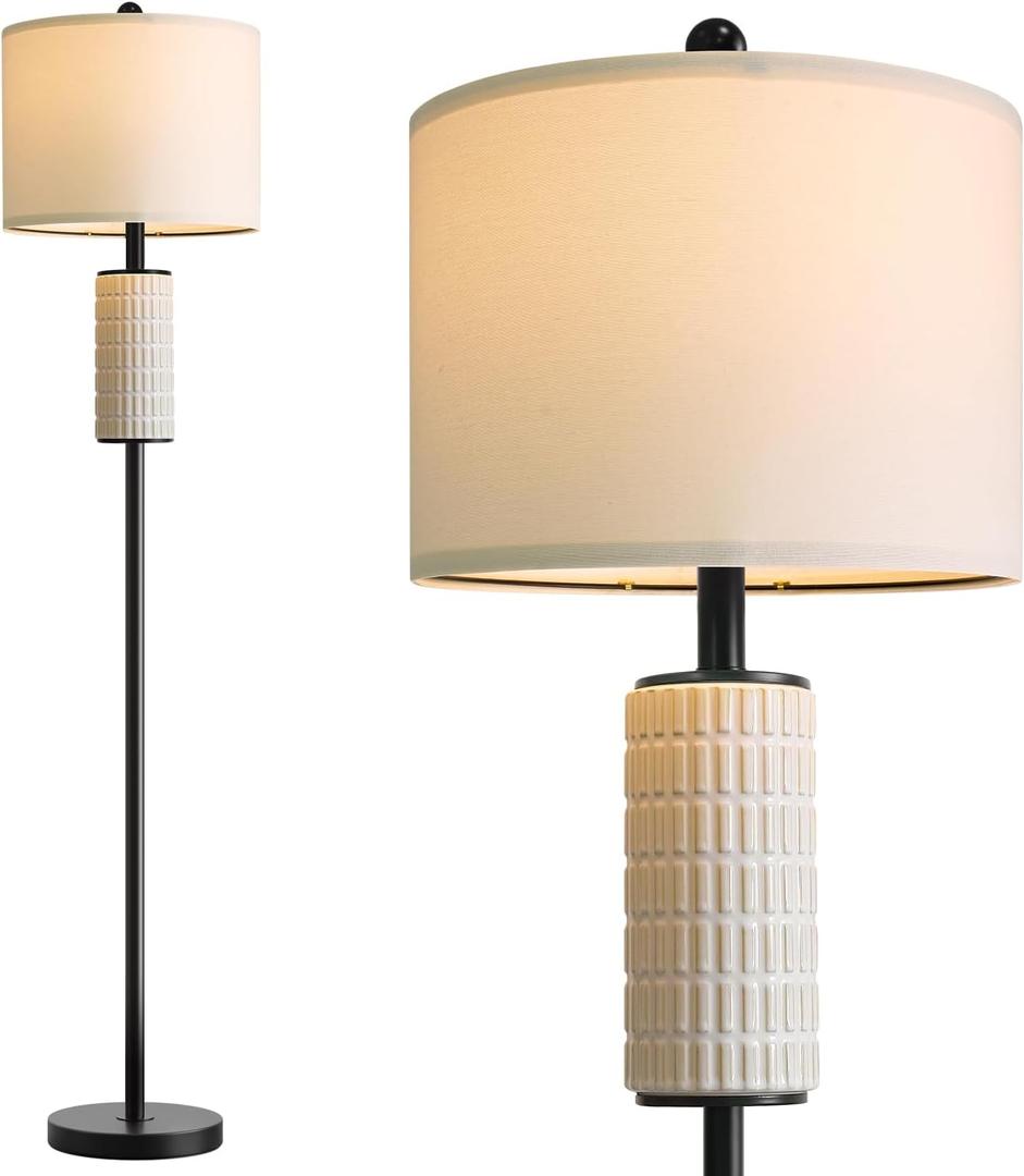 PoKat Farmhouse Floor Lamp for Living Room with Ceramic, 64" Black Standing Lamps for Living Room Corner, Modern Tall Floor Lamps for Bedroom, Sofa, Reading Nock, Rotary Switch, Matte Black