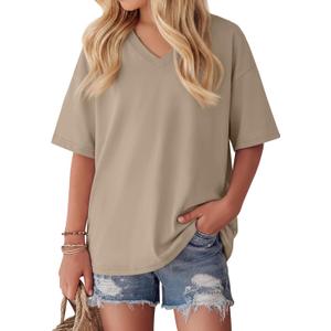 Oakgarden Girls' Shirts 5-14 Years Oversized Short Sleeve Summer T-Shirts V Neck Drop Shoulder Top Kids Casual Basic Cute Tee