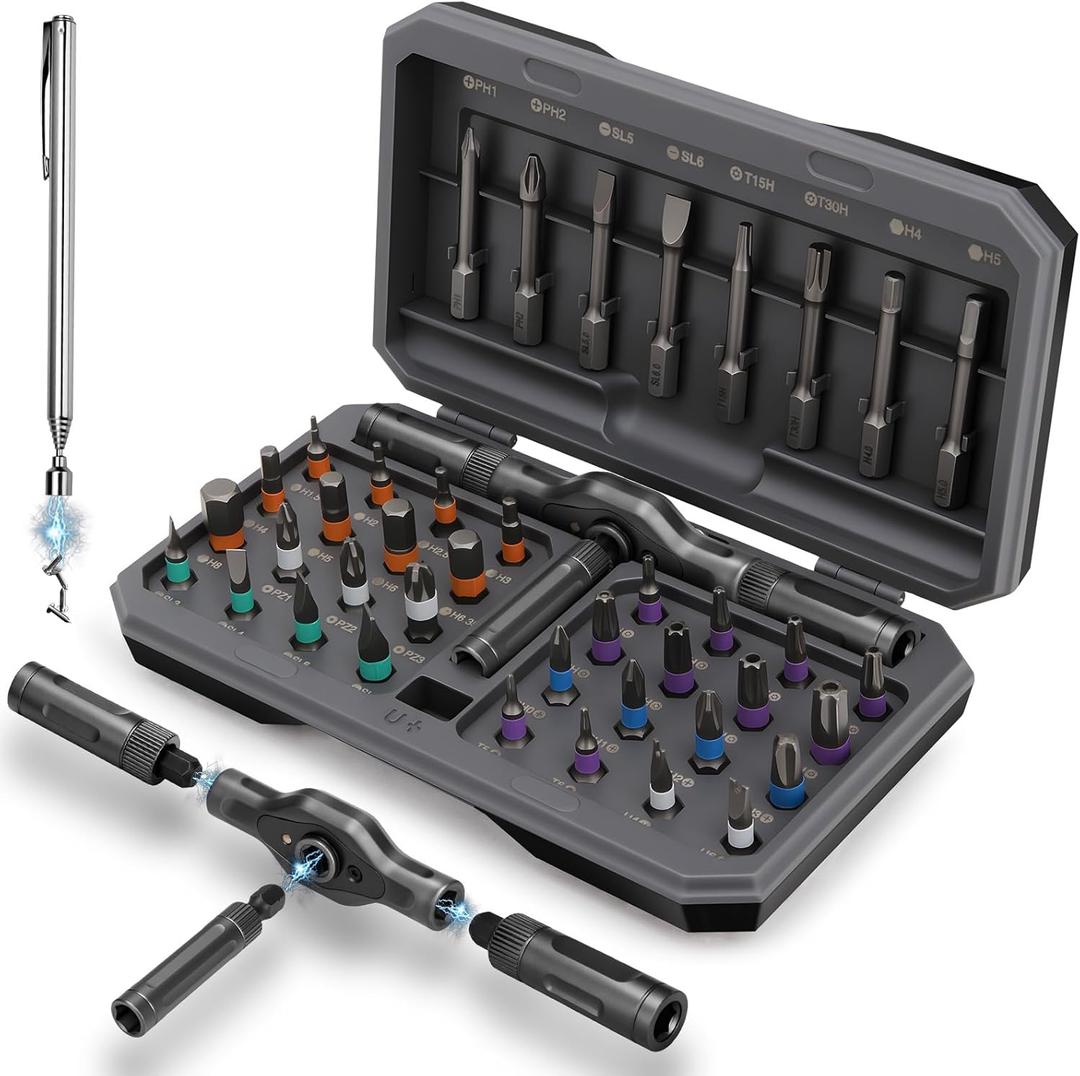 KELIN Magnetic Ratchet Screwdriver Set, 43 in 1 T Handle Ratchet Screwdriver Kits with S2 Steel Bits, Ratcheting Screwdriver for Home Daily Repair, DIY Projects, Ideal Gift for Men Husband (Grey)