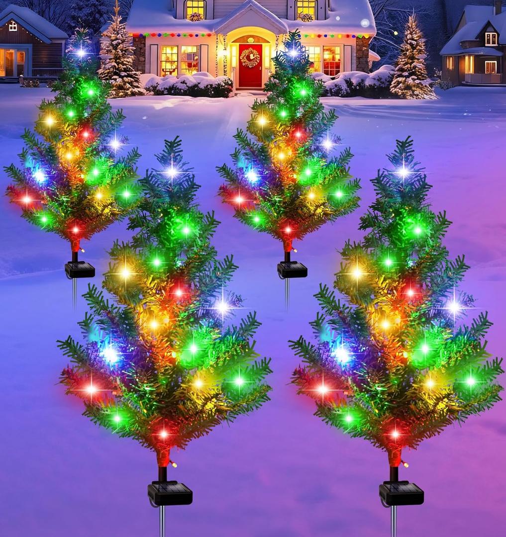 Solar Christmas Tree 4 Pack Garden Stake Light Waterproof Outdoor Christmas Decorations, 2 Modes Solar Xmas Christmas Lights for Yard Front Porch Pathway Grave Garden Decor
