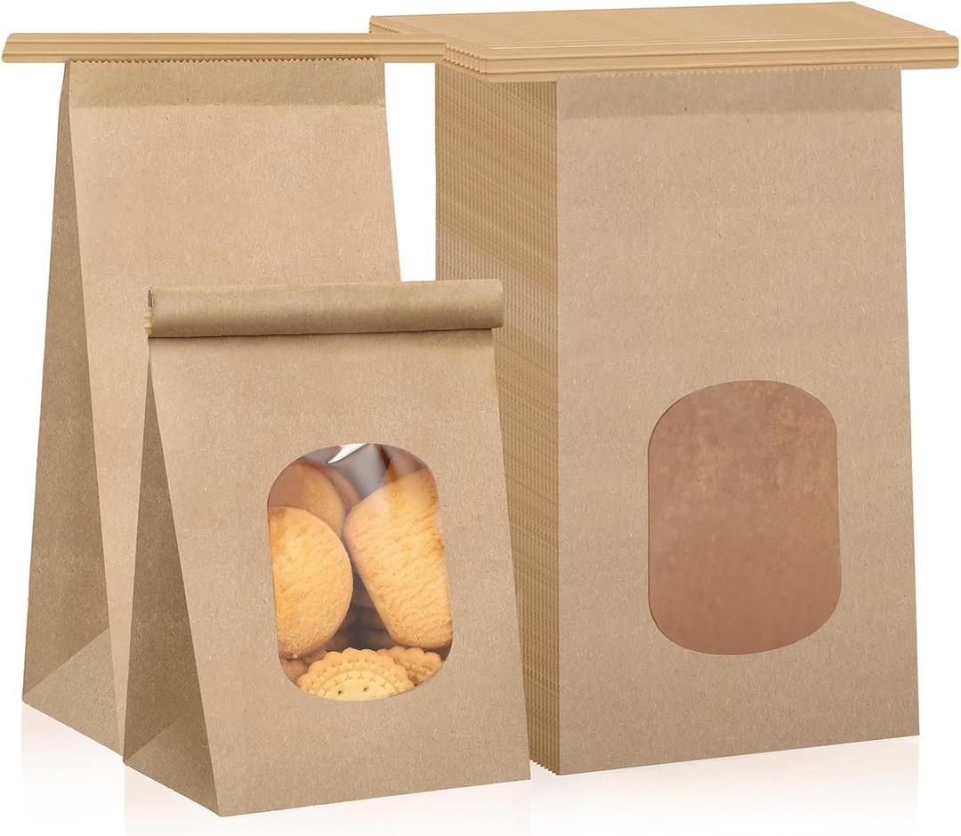 250 Pcs Bakery Bags with Window Small Kraft Paper 3.54 x 2.36 x 6.7 Inch Cookie Treat Tin Tie Tab Lock Brown for Coffee Food Candy Gift Packaging Party